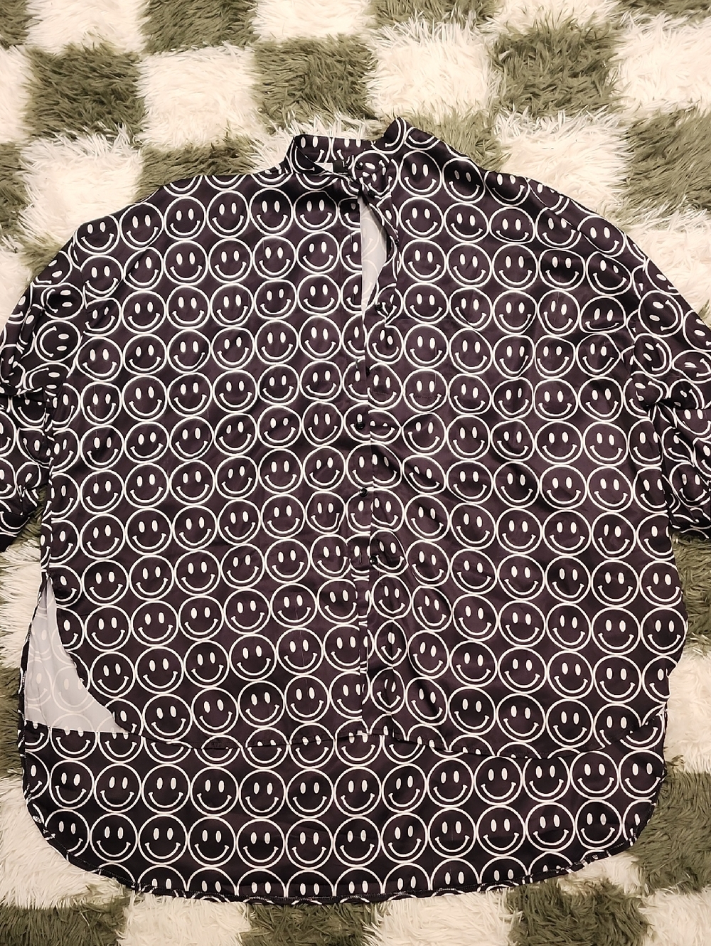 Dressed in LALA Black Button-Up Smiley Print Oversized Playsuit TOP ONLY